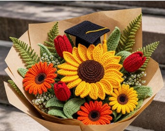 Crocheted Graduation Bouquet | Sunflower, Daisy, Tulip Flowers | Custom School Colors