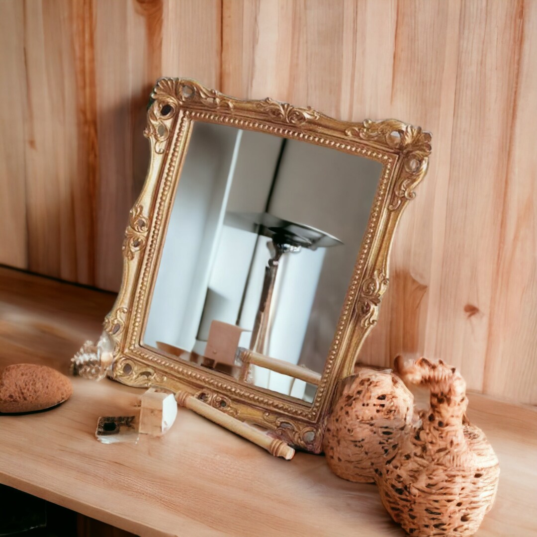 Rectangular Gold Mirror / Vintage Gold Vanity Mirror / Tabletop Makeup Mirror / Wall Hanging