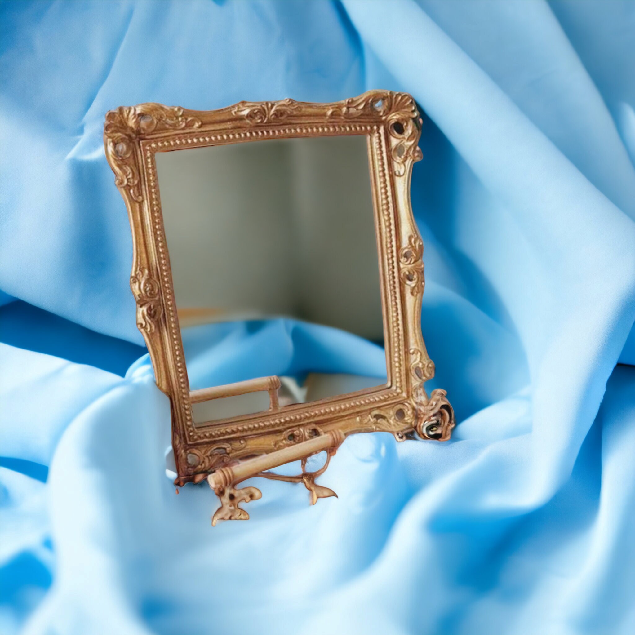 Rectangular Gold Mirror / Vintage Gold Vanity Mirror / Tabletop Makeup Mirror / Wall Hanging