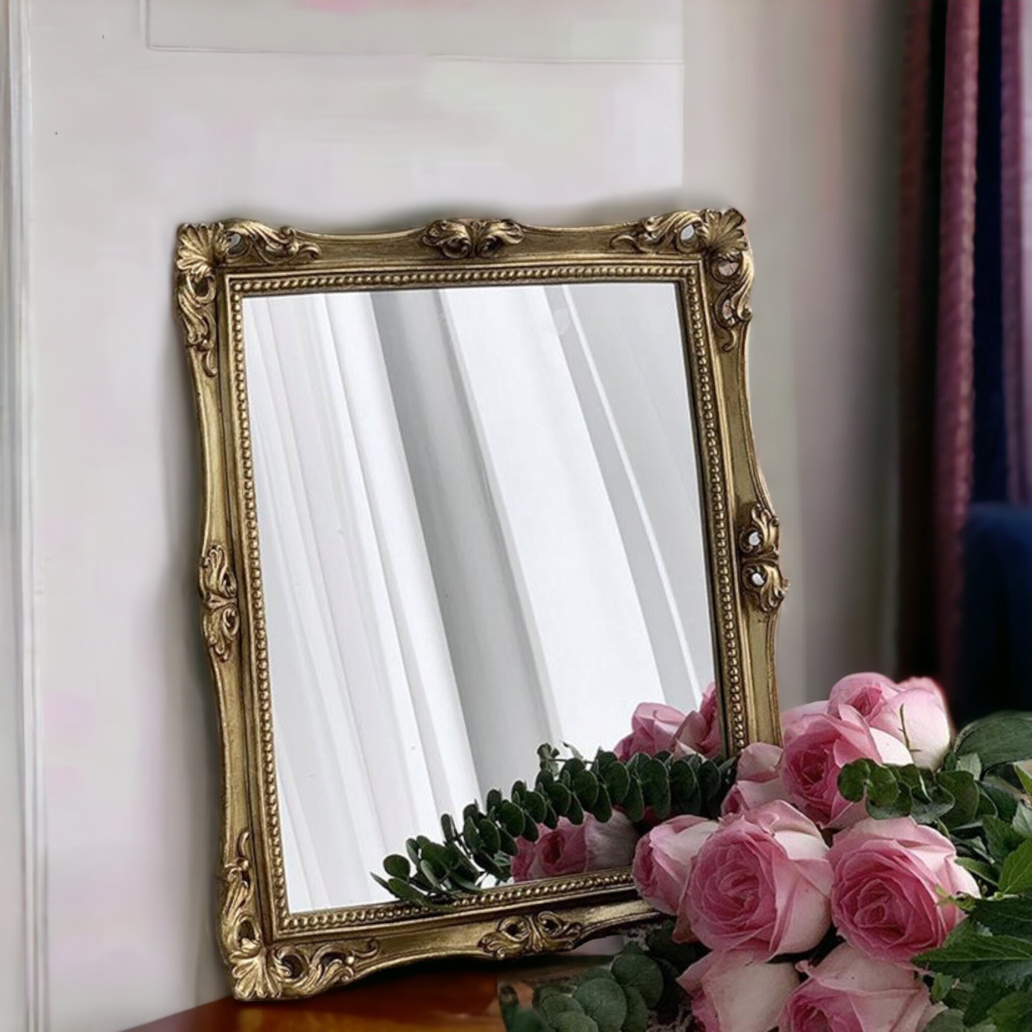 Rectangular Gold Mirror / Vintage Gold Vanity Mirror / Tabletop Makeup Mirror / Wall Hanging