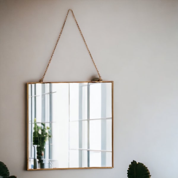 Gold Square Hanging Mirror / Modern Rustic Industrial Wall Mirror with Gold Edge / Rustic-inspired Hanging Mirror / Chic Wall Mirror