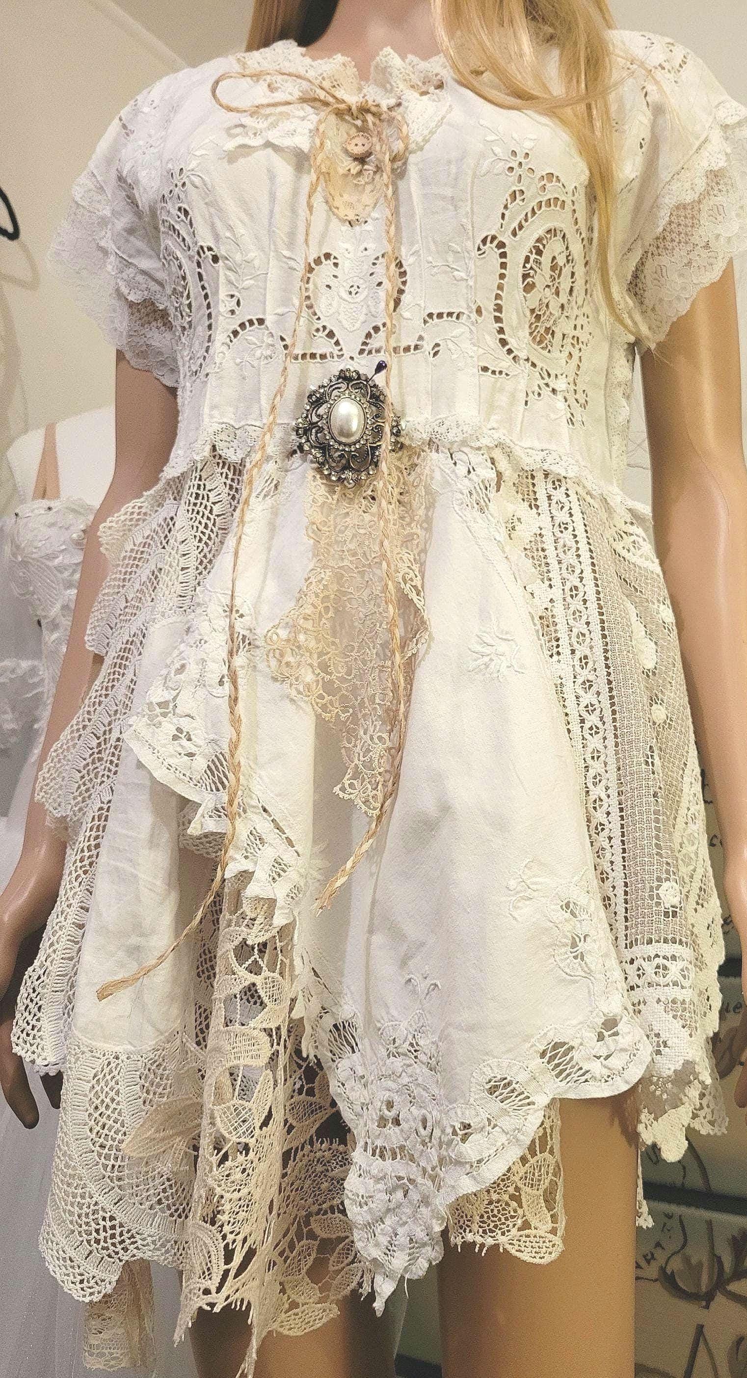 shabby chic lace dress Whimsical Vintage Lace Cottagecore Dress Ivory(Pre-Sale 10-14days) / S