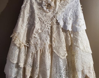 Shabbychic Bohemian Vintage & Antique Layered lace Skirt/ Boho bridal skirt / upcycled lace skirt/ Upcycled doily skirt/festival skirt