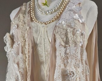 Blush Dusky Pink Silk and Antique Lace Kimono Duster Jacket