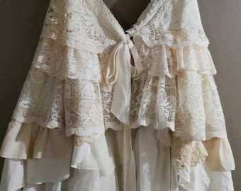 Layered Vintage & Antique Lace Wrap Skirt,Boho Bridal Skirt,festival skirt,steampunk or Victorian.