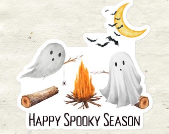 Happy Spooky Season Ghost Campfire Sticker | For Halloween and Summerween Lovers