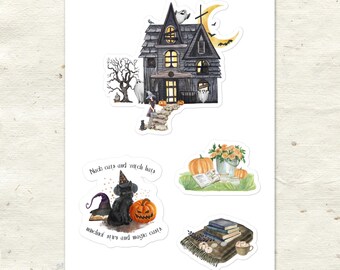 Cottagecore Halloween Sticker Sheet | Witchy Cat, Haunted House, Pumpkins & Books