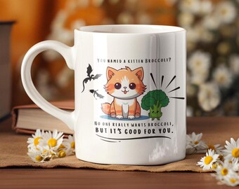 Hai chiamato un gattino "Broccolo"? Tazza ispirata a Onyx Storm con un simpatico design a forma di gatto e broccoli.