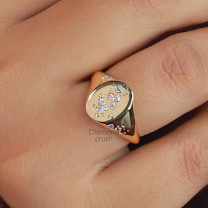Starburst Diamond Signet Ring Pinky Signet Ring 14K Gold Star Ring Moissanite North Star Ring Celestial Ring Moon and Star Signet Ring