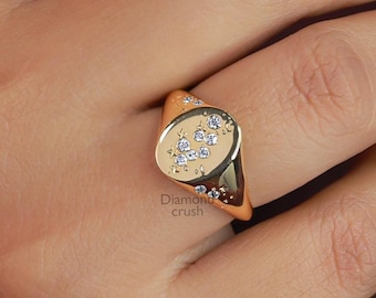 Starburst Diamond Signet Ring Pinky Signet Ring 14K Gold Star Ring Moissanite North Star Ring Celestial Ring Moon and Star Signet Ring
