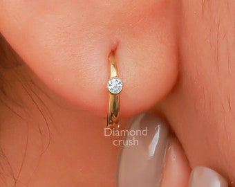 14K Gold Hoop Earrings Bezel Diamond Huggie Hoops Gold Hoop Earrings Diamond Earrings Huggie Earrings Moissanite Earrings Minimalist Hoops