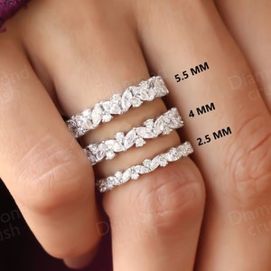 Half Eternity Band Marquise Band Dainty Wedding Band Marquise and Round Moissanite Band Vintage Stacking Ring Matching Anniversary Band