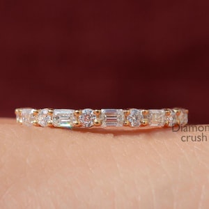 Baguette and Round Moissanite Band Half Eternity Wedding Band Womens 14K Gold Stacking Ring Promise Ring For Her Baguette Anniversary Ring