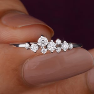 14K Gold Cluster Ring Dainty Wedding Band  Diamond Cluster Ring Minimalist Floating Ring Dainty Gold Ring Round Moissanite Engagement Ring