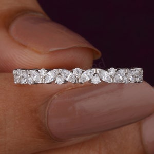 Marquise And Round Diamond Wedding Band Moissanite Half Eternity Band Vintage Cluster Ring Bridal Matching Stackable Band Anniversary Band
