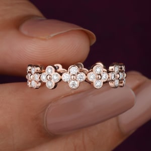 Clover Full Eternity Band Four Leaf Clover Ring 14K Solid Rose Gold Moissanite Wedding Band Bridal Matching Band Floral Diamond Ring
