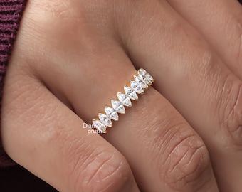 Marquise Wedding Band Half Eternity Band 10K Gold Dainty Stacking Ring Marquise Moissanite Band Vintage Eternity Band Women Matching Band