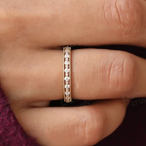 Vintage Half Eternity Band Round Moissanite Wedding Band Art Deco Shared Prong Band 14K Solid Gold Stacking Ring Milgrain Matching Band