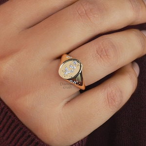 Starburst Diamond Signet Ring Pinky Signet Ring 14K Gold Star Ring Moissanite North Star Ring Celestial Ring Moon and Star Signet Ring