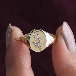 Starburst Natural Diamond Signet Ring Pinky Signet Ring 14K Gold Star Ring Diamond North Star Ring Celestial Ring Moon and Star Signet Ring