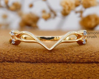 Vintage Runde Diamant gebogen Ehering 14K Gold Versprechen Ring Zarte Chevron Stapelring Natur Inspiriert Moissanite Jubiläumsring