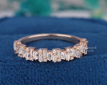 Baguette Wedding Band Half Eternity Band Baguette and Round Moissanite Band Baguette Diamond Ring 14K Solid Gold Minimalist Stacking Ring