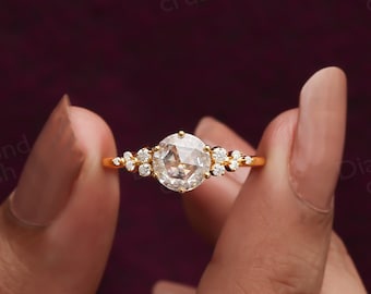 Rose Cut Moissanite Ring Solitaire Engagement Ring 1CT Round Rose Cut Cluster Womens Ring 10K Solid Gold Ring Vintage Style Proposal Ring