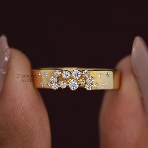 Scattered Diamond Cigar Band 14K Gold Moissanite Wedding Band Women Wide Plain Band Diamond Cluster Ring Pinky Promise Ring Anniversary Gift