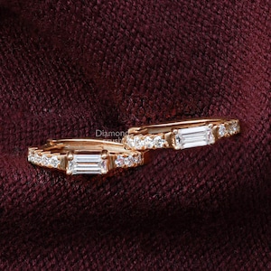 Baguette & Round Diamond Huggie Hoop Earrings Baguette Huggie Minimalist Hoop Earrings Small Diamond Hoops  Huggie Hoop Earring Gold Hoop