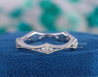 Anillo de boda de oro macizo de 10 quilates con moissanita redonda estilo Art Déco vintage, anillo apilable de filigrana de eternidad completa y banda de oro con detalles milgrain.