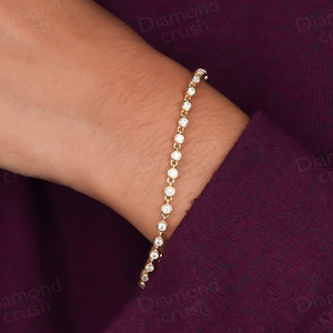 Moissanite Diamond Bracelet Round Bezel Set Bracelet Tennis Minimalist Bracelet 10K Solid Gold Bracelet Layering Dainty Bracelet For Her