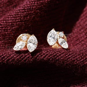 Moissanite Stud Earrings Marquise and Round Diamond Earrings Screw Back Or Push Back Stud Earrings Vintage Style Wedding Earrings Gold Studs