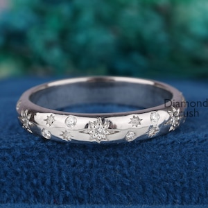 14K Gold Starburst Ring Celestial Ring Moissanite Eternity Band Dainty Wedding Band Delicate Stacking Ring North Start Ring Moon & Star Ring