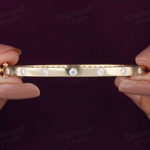 Flush Set Moissanite Diamond Bangle Bracelet 14K Solid Yellow Gold Moissanite Diamond Bangle For Women Round Layering Delicate Bangle