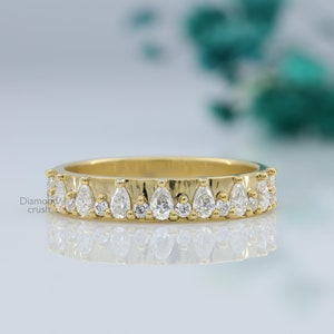 Pear Moissanite Wedding Band Gold Cluster Ring Unique Pear Moissanite Eternity Band Women Stacking Ring Art Deco Antique Dainty Promise Ring