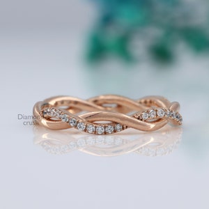 Twisted Moissanite Wedding band Rose Gold Round Cut Diamond Wedding band Unique Stacking Matching band Infinity Band Twist Anniversary Ring