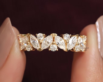 Marquise Wedding Band Half Eternity Band Art Deco Wedding Band Vintage Stacking Ring 14K Gold Marquise Anniversary Ring Unique Promise Ring