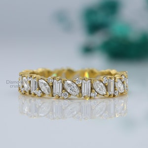 Art Deco Marquise MoissaniteWedding Band Full Eternity Band Vintage Anniversary Ring 14K Solid Gold Stacking Ring Unique Promise Ring Women
