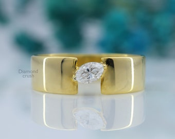 Marquise Lab Grown Signet Ring Chunky Gold Ring Marquise Solitaire Ring 14K Gold Pinky Ring Thick Band Ring Diamond Cigar Band Promise Ring