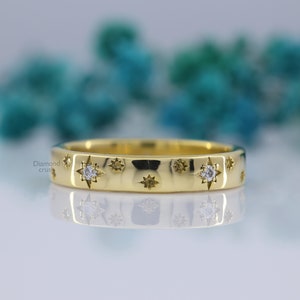 14K Gold Star Wedding Band Moissanite Starburst Ring Full Eternity Band Celestial Ring for Women North Star Ring Matching Minimalist Ring