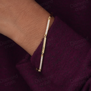 Round Moissanite Bracelet Layering Womens Bracelet Diamond Bar Bracelet 10K Solid Gold Layering Bracelet Minimalist Dainty Bracelet For Her