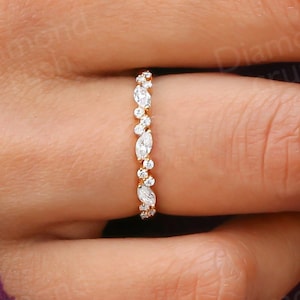 Marquise Moissanite Wedding Band Dainty Half Eternity Band Vintage Art Deco Band 10K Gold Stacking Ring Matching Moissanite Eternity Band