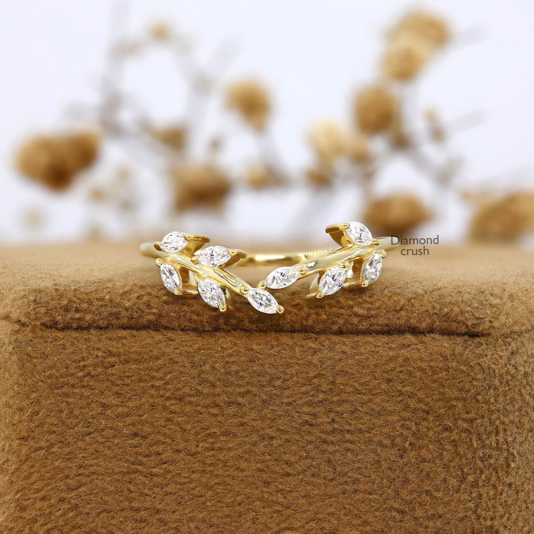 Marquise Moissanite Curved Wedding Band Vintage Yellow Gold Wedding ...