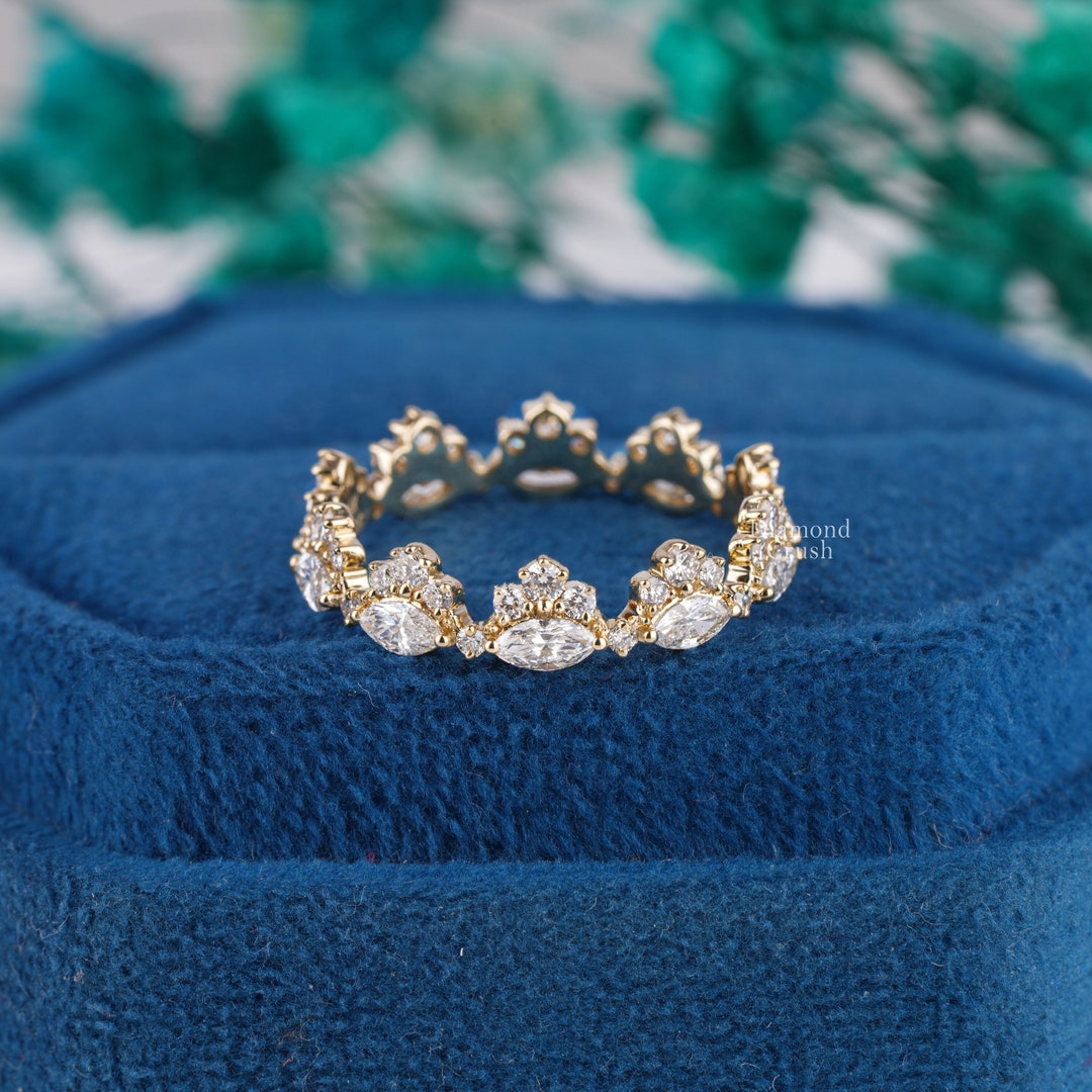 Art Deco Wedding Band Full Eternity Marquise Band 14K Solid Gold ...