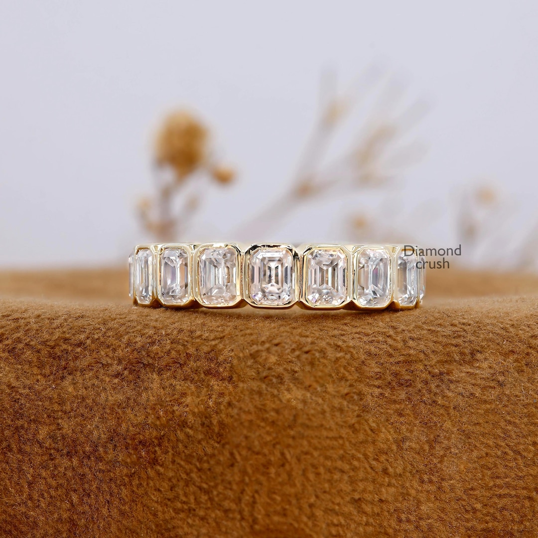 14k Solid Gold Emerald Cut Moissanite Wedding Band Full Eternity Bezel ...