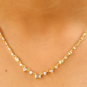 Tennis Moissanite Necklace Layering Womens Necklace 14K Solid Gold Necklace Fancy Cut Diamond Necklace Dainty Minimalist Necklace For Her