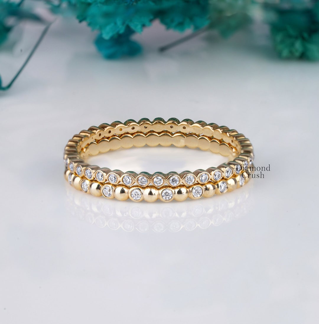Full Eternity Bezel Set Ring Dainty Moissanite Wedding Band 14K Gold ...