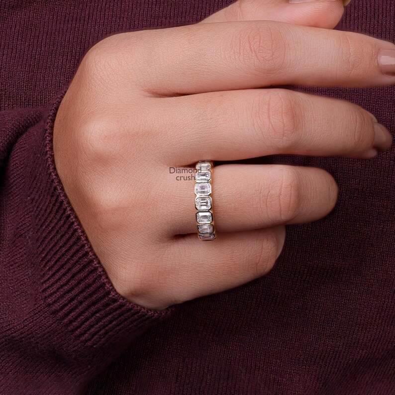 14k Solid Gold Emerald Cut Moissanite Wedding Band Full Eternity Bezel ...