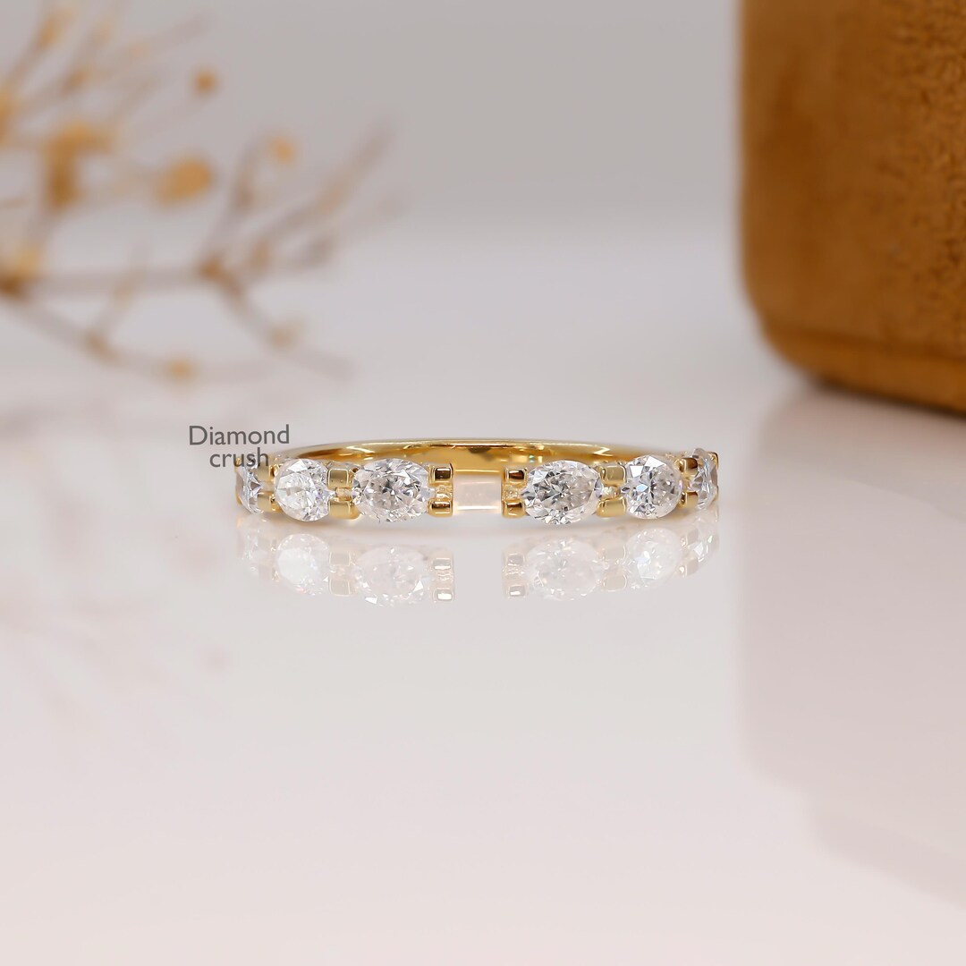 Oval Moissanite Band Open Gap Pave Yellow Gold Wedding Ring East West ...