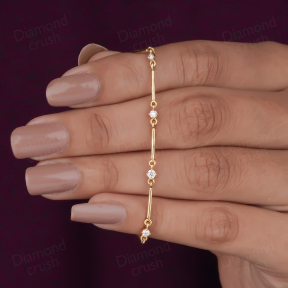 Round Lab Diamond Bracelet Bar Womens Bracelet 14K Solid Gold Bracelet Diamond Bracelet For Her Layering Dainty Bracelet Minimalist Bracelet